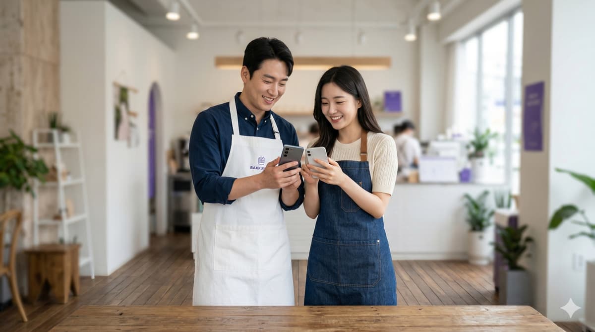 자영업자 두 분이 함께 핸드폰을 보며 웃는 모습